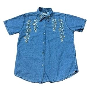 Women's M Denim Vintage Floral Embroidery Blue Shirt Top Sara Studio Cotton boho
